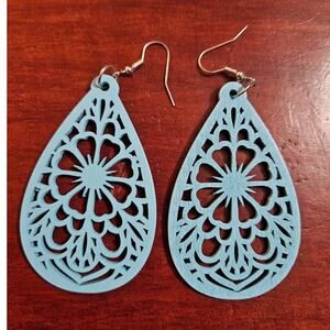 Boutique Light Baby Blue Laser-Cut Mandala Floral Pattern Wooden Earrings